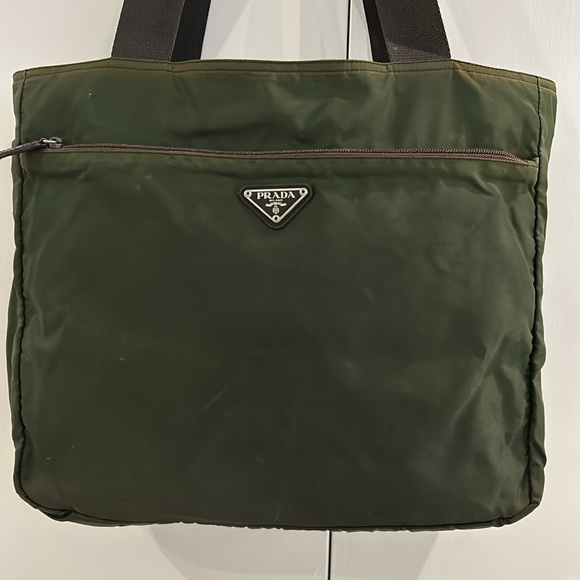 Authentic Prada Zippered Tote 12 X 14 In Dark Green & Dark Brown Straps - Picture 1 of 13